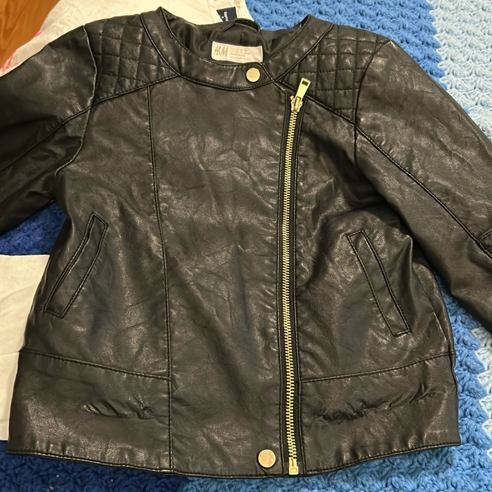 H&M girls faux leather biker jacket black zip front - Size 7-8